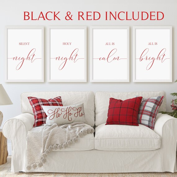 Christmas Print Set, Silent Night Holy Night All Is Calm All Is Bright, Set of 4 Prints, Digital Instant Download Christmas Wall Art