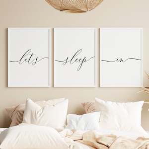 Let&#39;s Sleep In Print, Set Of 3 Prints, Master Bedroom Wall Art, Above Bed Printables, Minimalist Instant Download Printable Wall Art