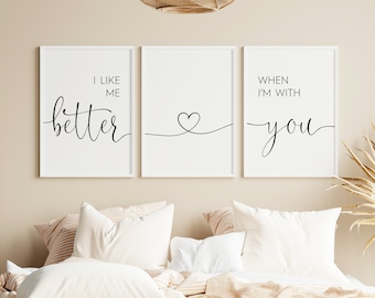 I Like Me Better When I'm With You Print, Set Of 3 Prints, Heart Line Print, Minimalist Instant Download Printable Wall Art