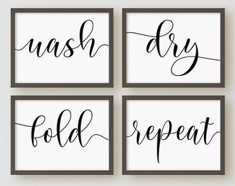 Laundry Print Set, Wash Dry Fold Repeat, Set Of 4 Prints, Laundry Room Wall Art, Laundry Room Printable, Instant Download Printable Wall Art