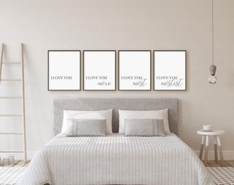 Te amo más, Te amo muchísimo, Te amo muchísimo, Juego de 4 láminas, Arte de pared imprimible para encima de la cama, Descarga instantánea