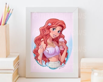 Mermaid Princess w Tumbler Matte Art Print | Wall Art | Home Decor Print | Family Home Print | Small Gift | Kids Gift