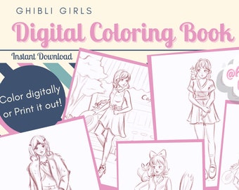 Modern Ghibli Girls Sketches Coloring Book -/Digital/Instant Download