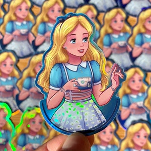 Alicja w Krainie Czarów Nowoczesna Holograficzna Naklejka | Naklejka Hydroflask | Naklejka na Laptopa | Naklejka na Telefon | Mały Prezent | Prezent Dla Dzieci | Brokat