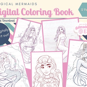 May include: A digital colouring book featuring five pages of line art illustrations of mermaids. The book is titled "Magical Mermaids Digital Colouring Book" and includes the text "Instant Download" and "Colour digitally or Print it out!"