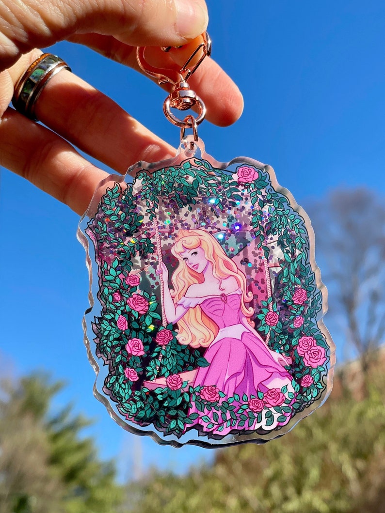 Sleeping Princess Pink Sparkle Liquid Shaker Keychain Disney Fan Small Gift Kids Gift Disney Art image 1
