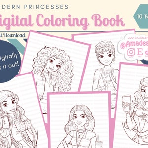 May include: A digital colouring book featuring ten pages of line art illustrations of modern princesses. Each princess is depicted with a unique hairstyle and outfit, holding a beverage. The book is titled "Modern Princesses Digital Coloring Book" and includes the text "Instant Download" and "Colour digitally or Print it out!"
