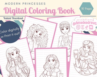 Modern Princesses Coloring Book/Digital/Instant Download