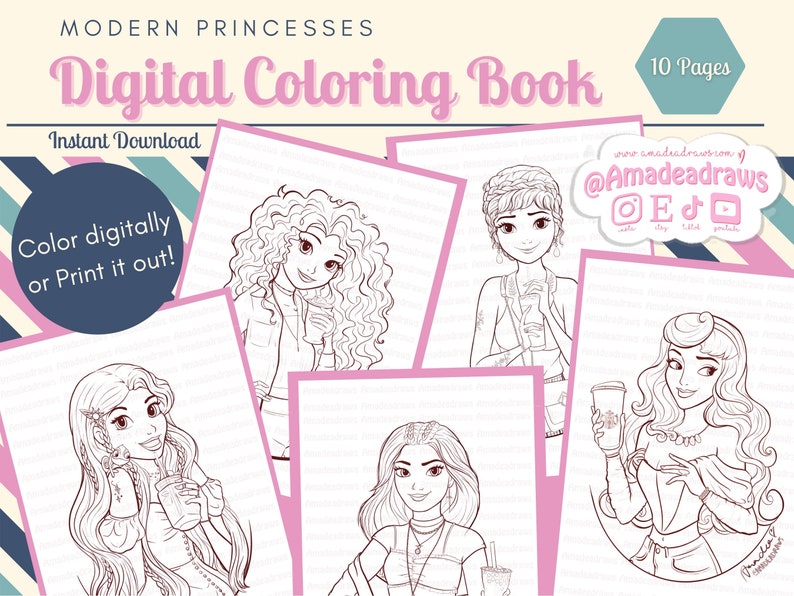 Modern Princesses Coloring Book/Digital/Instant Download image 1