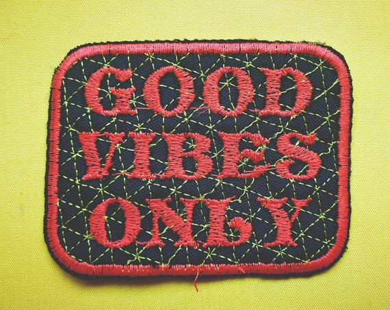 Embroidered Patches on yarn. GOOD VIBEs ONLY Bright Orange neon or blue Colors with decorative isometric grid.