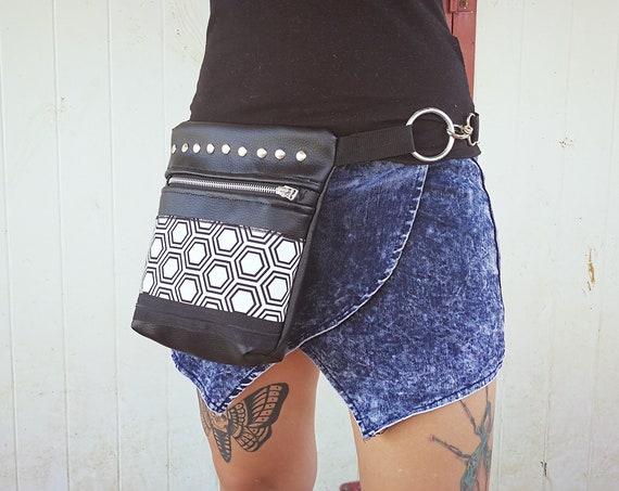 Synthetic Leather Bag (NO ANIMAL LEATHER) with Geometric Bee Panel Print. 1 Pocket Metal Zipper and Rivets