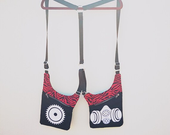 Cartridge Strips Holsters Red zebra Fabric with images applied in ecological textile vinyl. Gasmask and Sierra. Holster Bags 2 Pockets