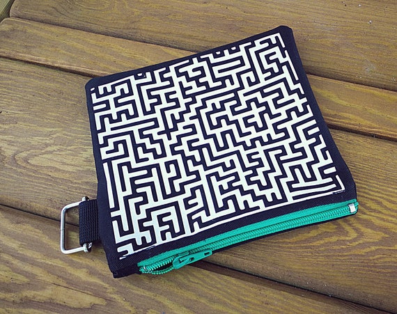 Wallets / mini cotton bag. Maze. 100% handmade printing and making. Nylon Zipper Closure