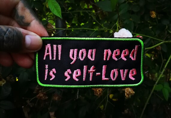 Embroidered patch All you need is Self Love 11x5cm Salmon Pink Thread and Bright Green