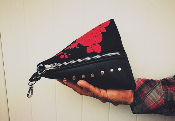 Triangle Pouch. Triangular Leather Bag (NO ANIMAL LEATHER) with handcrafted rose and leopard print and rivet details.