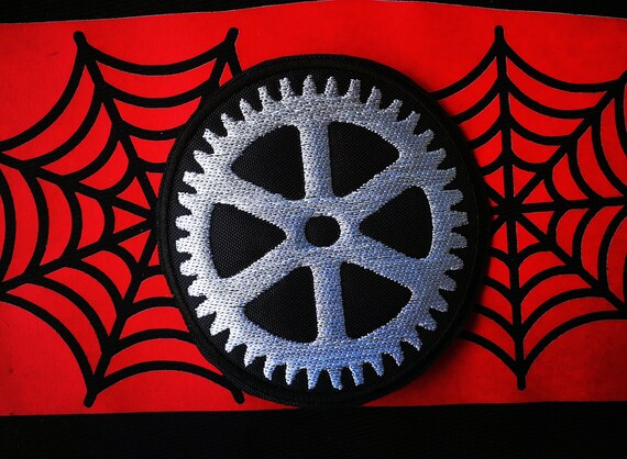 Gear Embroidery Patch. Bright greyish white thread. Size 9 or 16 cm.