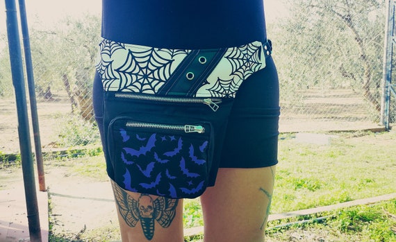 Waist strap or crossbody bag. Handmade printed fabrics. 100% handmade. Cobweb and Murcielagos combination