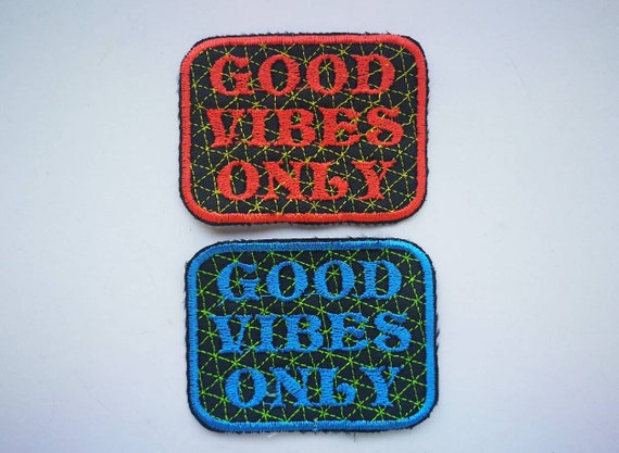 Embroidered Patches on yarn. GOOD VIBEs ONLY Bright Orange neon or blue Colors with decorative isometric grid.