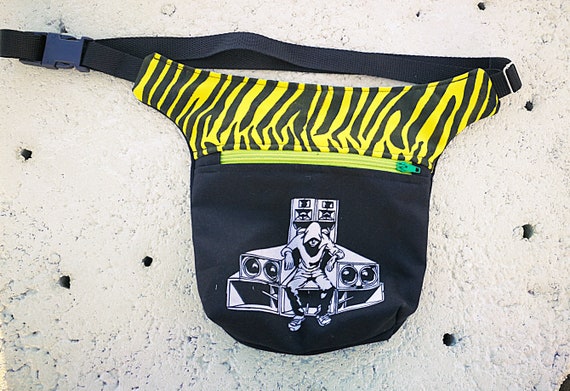 Waist and handbag 2 large pockets. Yellow zebra fabric with Tekno screen printing. HipBag