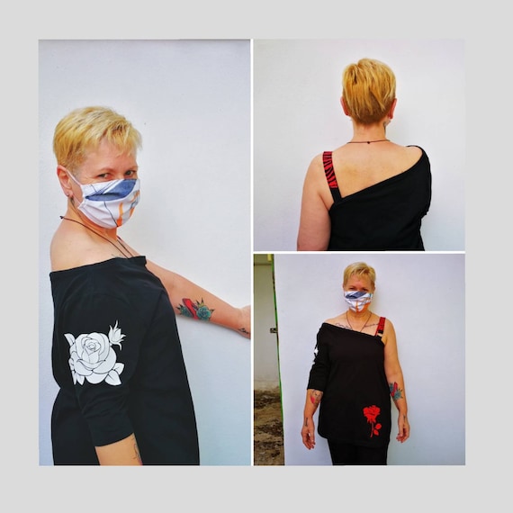 One Sleeve T-Shirt. Handcrafted print Roses and Zebra. Sizes S,M,L,XL and XXL