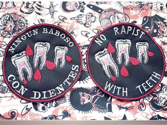 Feminist patch embroidered in thread. No rapist with teeth. 10cm