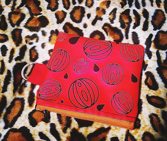 Wallets / mini cotton bag. 100% handmade metallic red print. Orange Plastic Zipper Closure