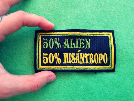 Embroidered Patch Half Alien Half Misantropx 10x5cm Bright green and yellow thread.