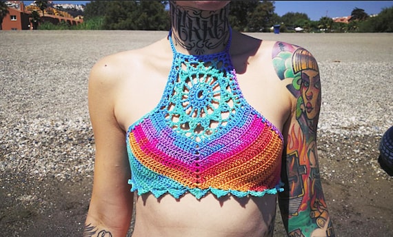 Halter Crochet Top Model Mandala size XS ball cotton Multicolor vivid and cheerful tones