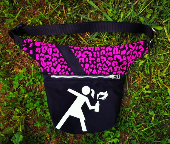 Waist and Bag Bag.2 Large Pockets.Pink leopard fabric with Riot Girl image applied on hipBag vinyl Waist size to your size