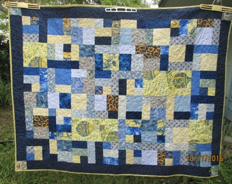 TWIN quilt (61" x 78") "Blame the Camel" Blue white and yellow exotic travel quilt