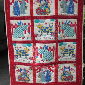 Kid's Quilt: "Fine Feathered Friends" (46Wx36L) front Red/White Farm Animals, bunnies, and cats, back Ann and Andy red/white/blue