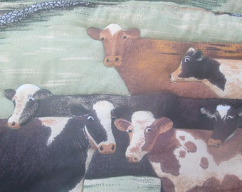 Gurnsey Cow Quilt  (60" x 62") & Cattle Wall Hanging (26" x 22") Set * Sunflower Back * Farm Scene *  Green Fields w/ Red Barn, Ikat Prints