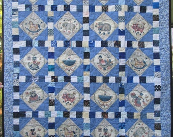 40” x 48” HANDMADE Baby-sized quilt "Sweet Baby Blues" blue and white quilt