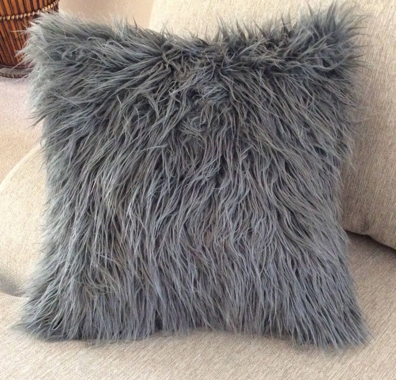 Fur pillow, Gray fur pillow, Charcoal Grey faux fur pillow, pillow covers, grey cushion covers, Fur 18x18 Pillow, Gray Fur , Pillow Galorie image 1
