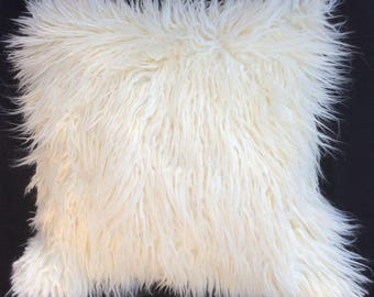 Off White Faux Mongolian Fur Pillow Cover, Handmade