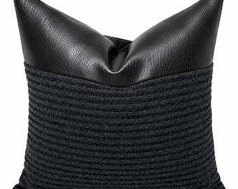 Black faux leather pillow covers, Matte Black Faux Leather Accent , black faux leather cushion, Black Heavyweight Textured FabricHome Decor
