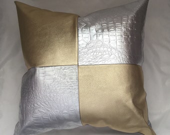 Colorblock pillow cover, Designer gold and silver faux leather pillow covers, Metallic faux crocodile Pillow,Colorblock faux leather pillow