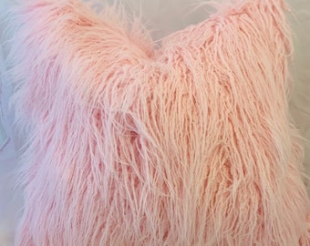 Funda de almohada de piel sintética mongola rosa, hecha a mano
