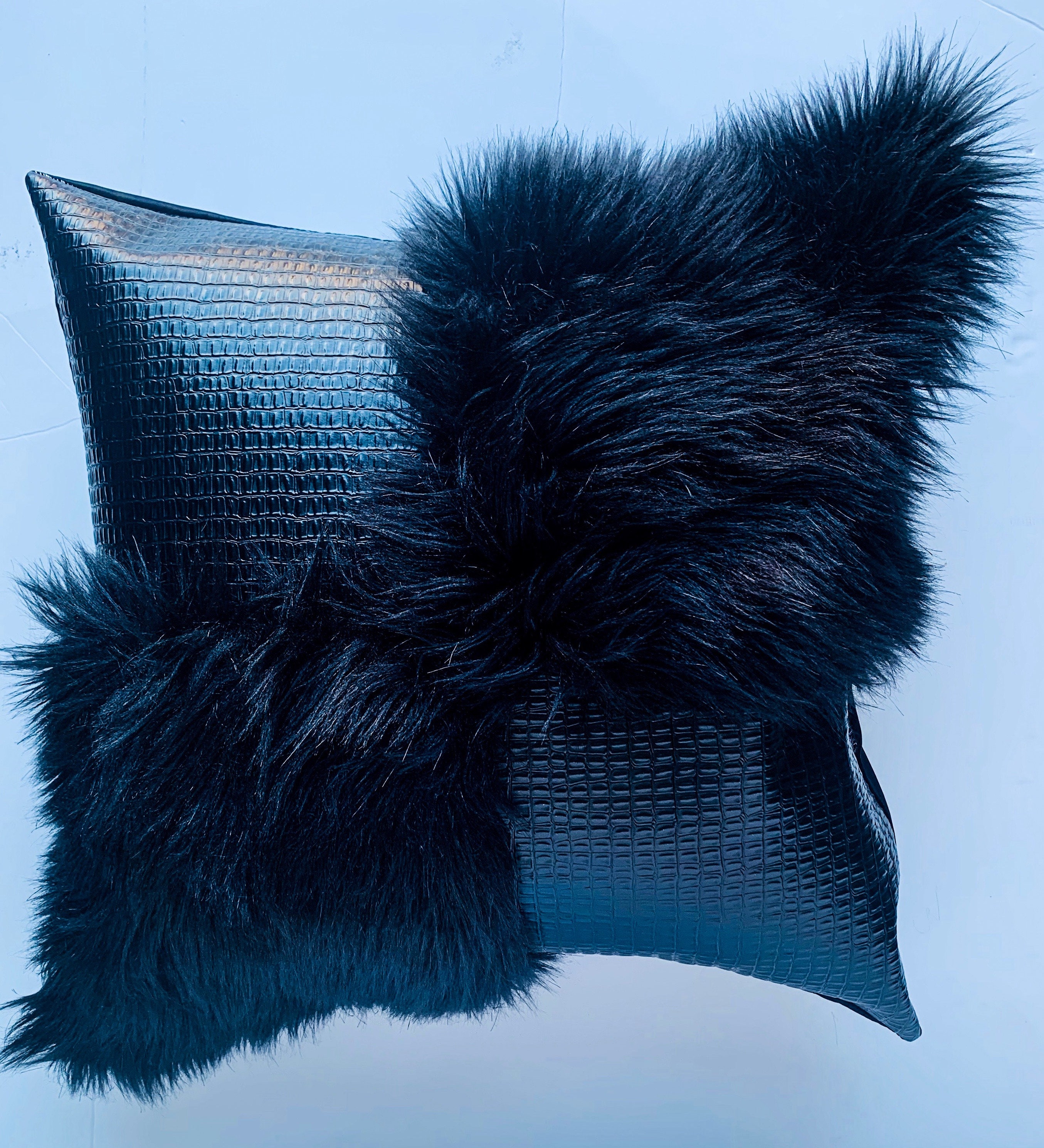 Black Fur Pillow Cover,color Block Pillows, Black Faux Leather Pillow
