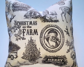 Gray and white Farmhouse Christmas pillow, santa claus, Christmas decor, pillow,farmhouse vintage truck, bells,holly berries,Christmas trees