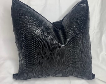 Black Faux Snake Leather pillow cover, Black faux snake skin leather pillow, Black designer pillow, Black throw pillow, Faux snake leather