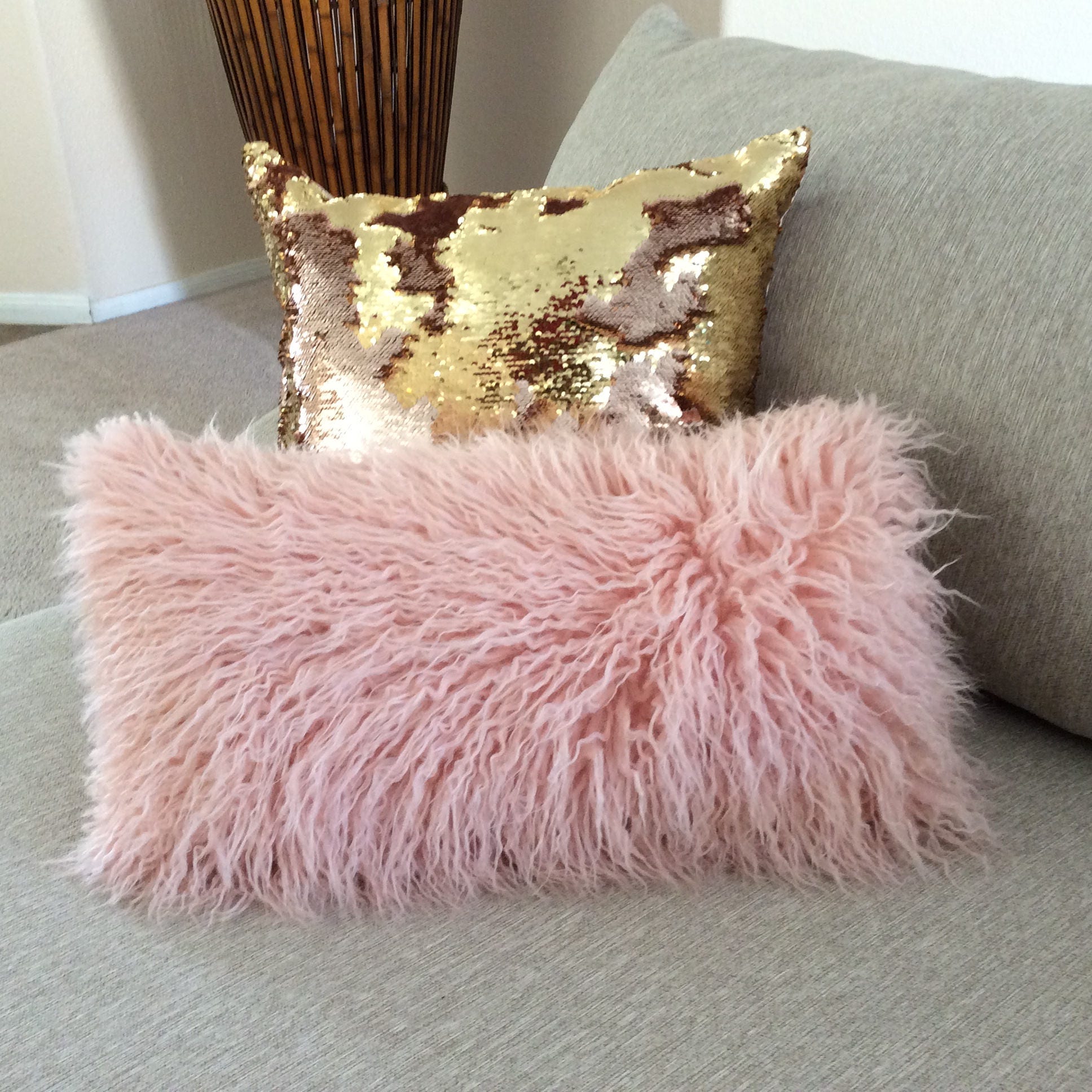 Faux Fur Pink Lumbar Pillow Salmon Pink Throw Pillow Cover Etsy