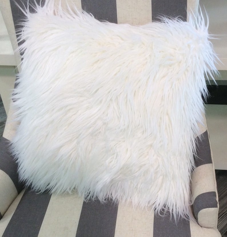 White Faux Fur Pillow Cover White Mongolian Fur Pillow White Etsy