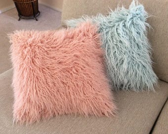 Blue Faux Fur Pillow Cover, Blue Faux Fur Pillow, Spa Blue Throw