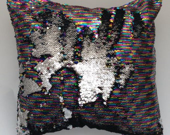 Mermaid pillow cover, Rainbow LGBT reversible pillow,Silver pillow cover, Throw pillow, home Decor pillow,sparkle bling sequins pillow cover