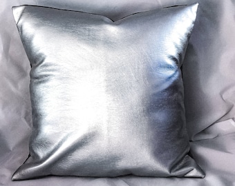 Silver faux leather pillow covers, Metallic faux leather cushion, decorative pillow for couch, silver throw pillowHome Decor