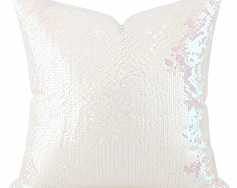 White MERMAID sequin Pillow cover, White Reversible pillow, Iridescent white Throw pillow, Decorative pillow, Teen pillow, Pink and White