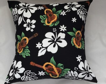 Hawaiian Pillow cover, Tropical Pillows, Tropical Cushion Covers, Hibiscus flowers Cushions,Lei Hawaiian Decor,Ukulele,Hawaiian throw pillow