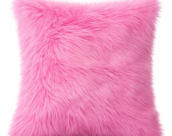 Pink Faux Fur Throw Pillow Cover, Mongolian Long Hair Cushion Pink Faux Fur Pillow Cover Fluffy Throw Pillow Glam Home Decor Accent Cushion