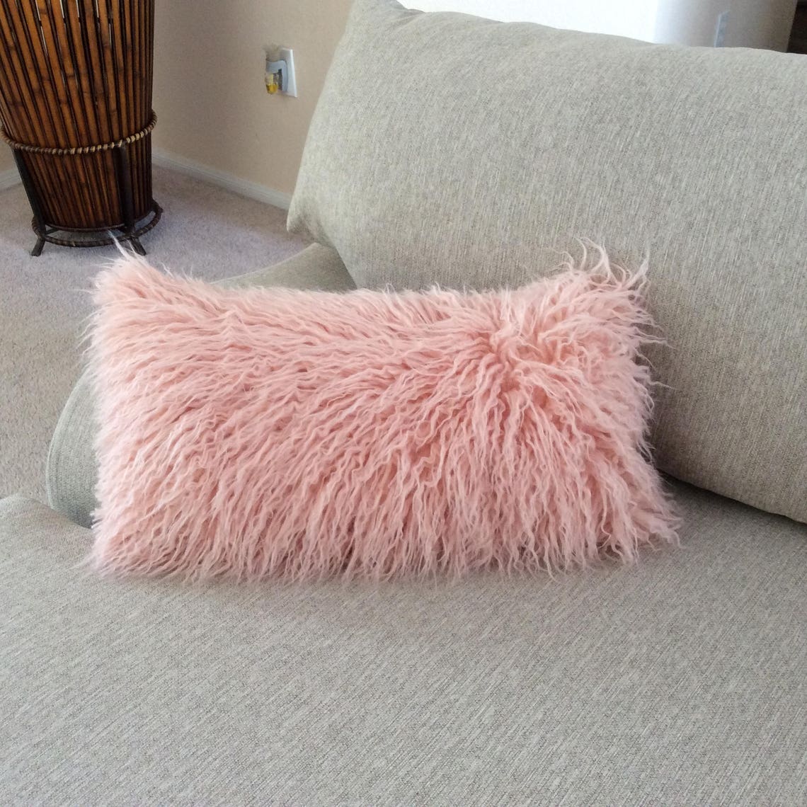 Faux Fur Pink Lumbar Pillow Salmon Pink Throw Pillow Cover Etsy